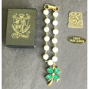 Vtg House Of Borvani Lucky Charm Bracelet 4 Leaf Clover Faux Pearls Green Glass